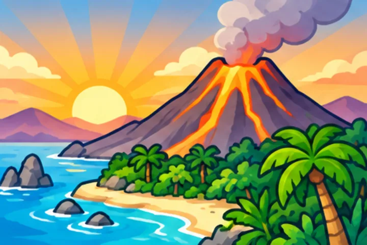 A volcano island at sunrise: FIRE Mountain